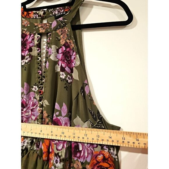 Torrid Dress Size 0 Floral Chiffon Ruffled High Neck Olive Green Layered Sexy - Picture 5 of 9